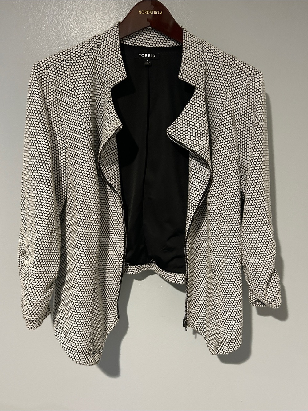 torrid Black & White Dot-Print Draped Open Blazer